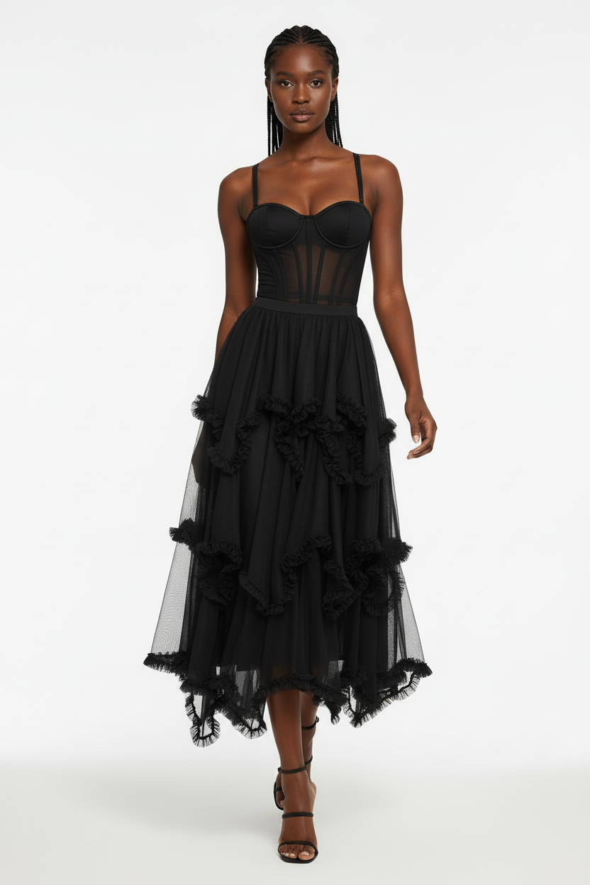 Layered Ruffle Tulle Maxi Flowy Feminine Evening Skirt
