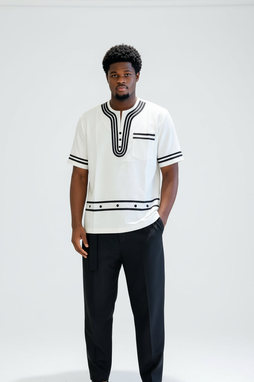 Embroidered Traditional Vintage Short-Sleeve Ankara Men's Top
