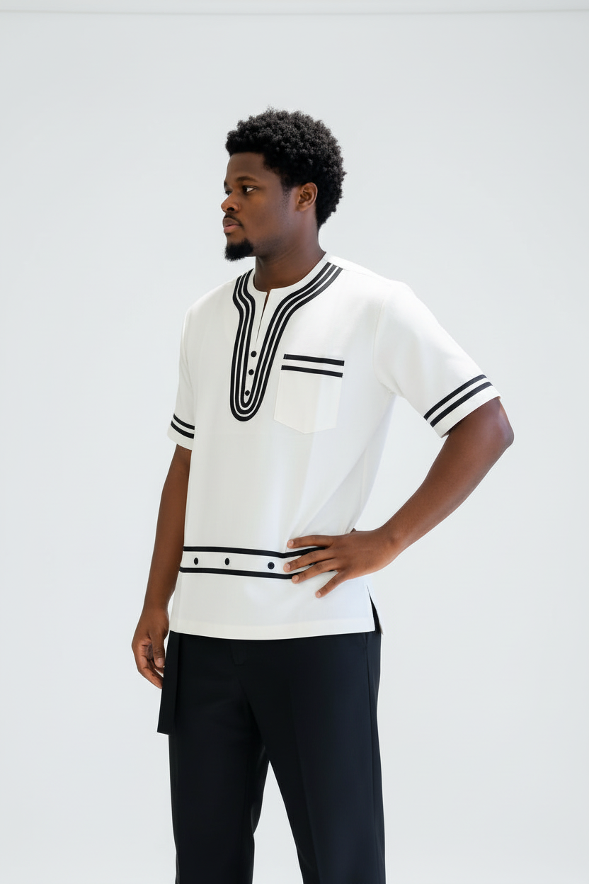 Embroidered Traditional Vintage Short-Sleeve Ankara Men's Top