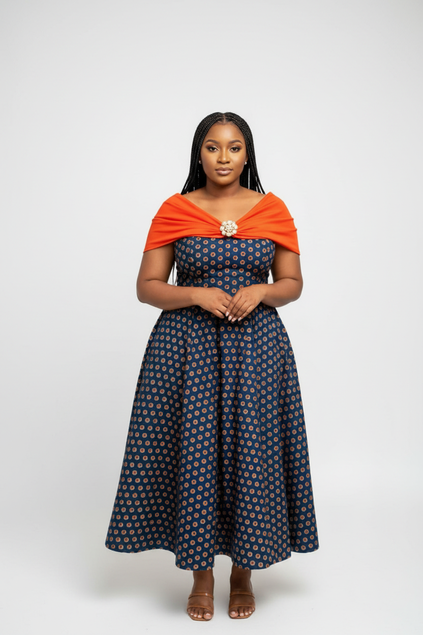 Navy Geometric Print Maxi Dress with Orange Shawl Traditional African Dress