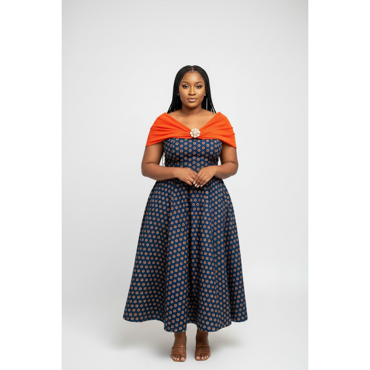 Navy Geometric Maxi Dress with Orange Shawl