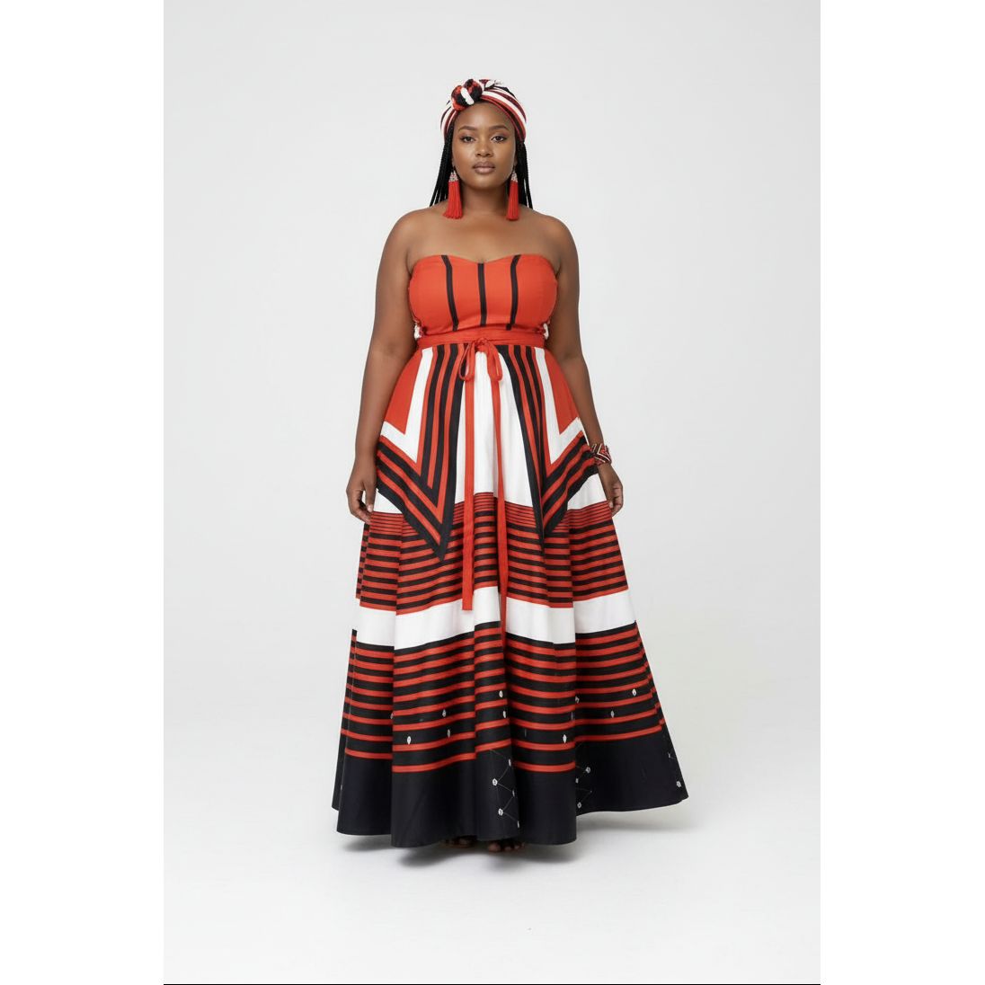 Red & Black Strapless Traditional African Print Maxi Dress