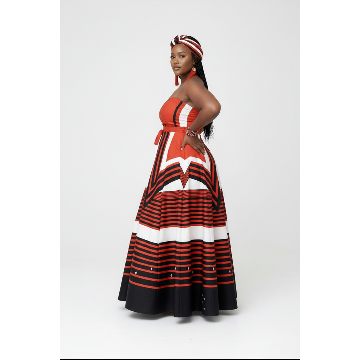 Red & Black Strapless Traditional African Print Maxi Dress
