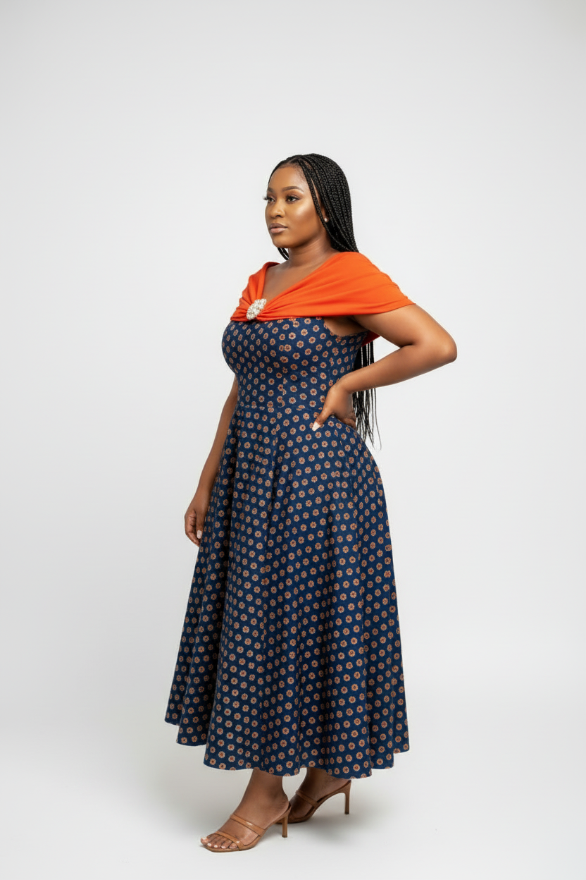 Navy Geometric Print Maxi Dress with Orange Shawl Traditional African Dress