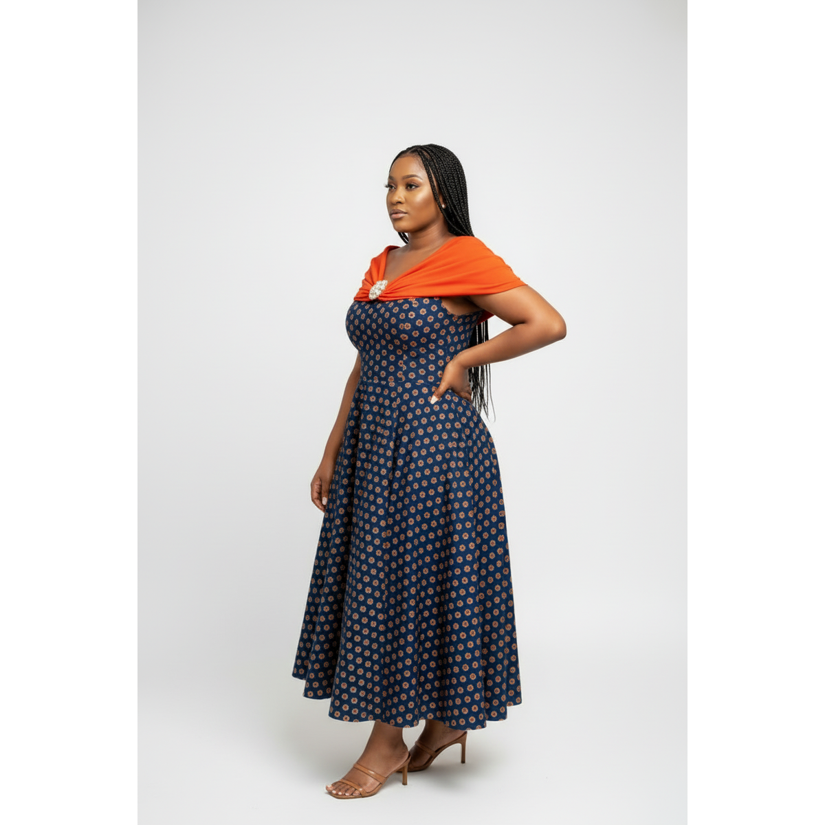 Navy Geometric Maxi Dress with Orange Shawl