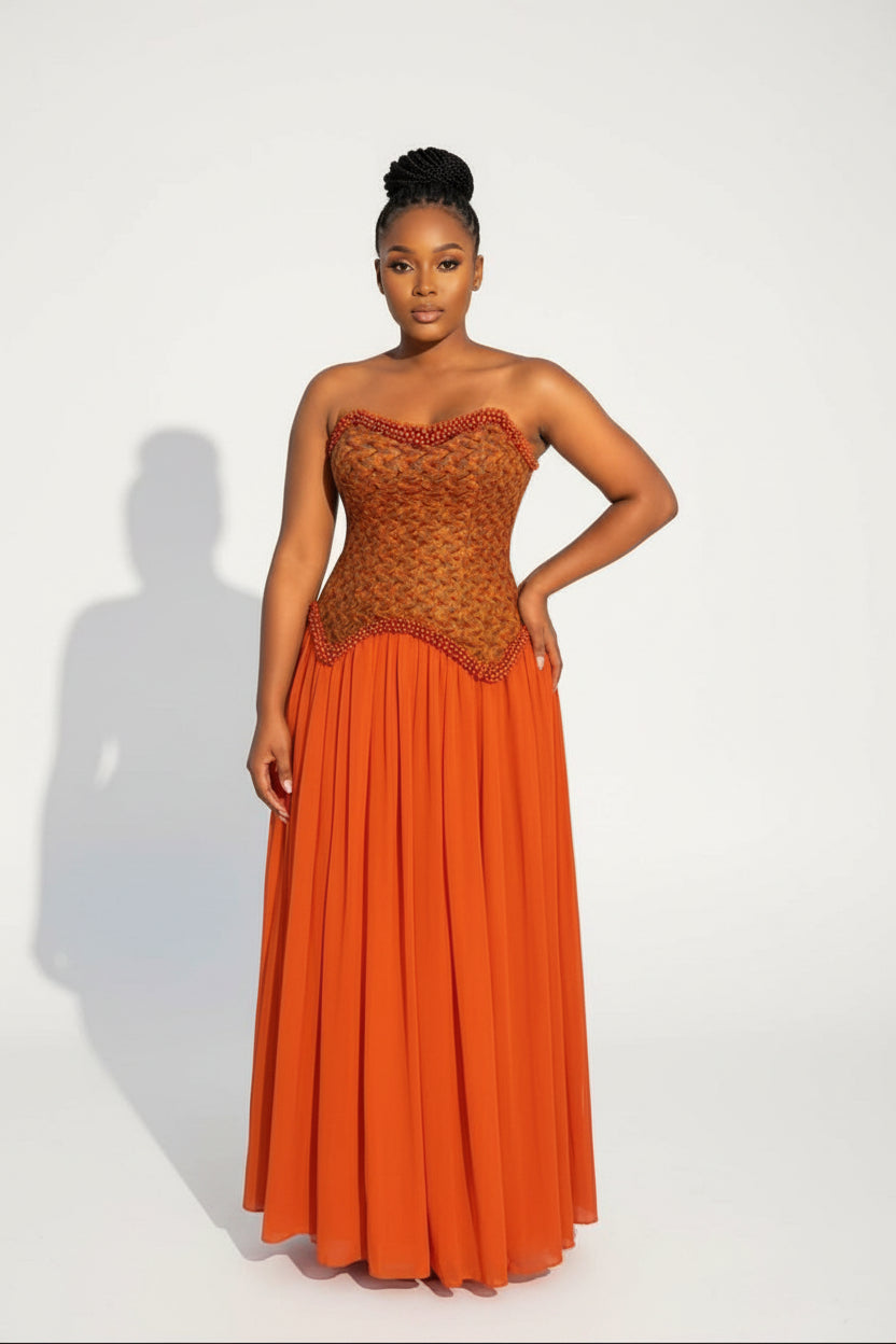 Burnt Orange Beaded Corset Traditional Maxi Dress