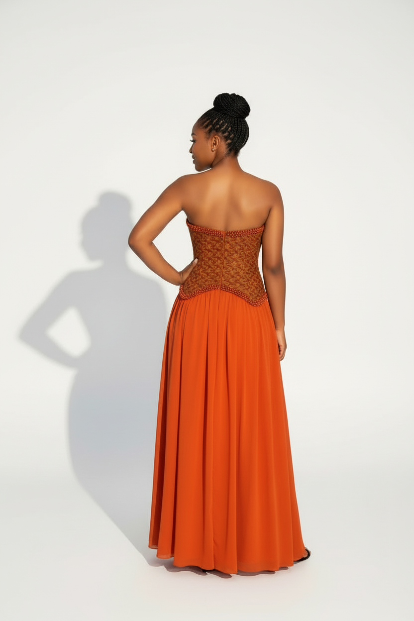 Burnt Orange Beaded Corset Traditional Maxi Dress