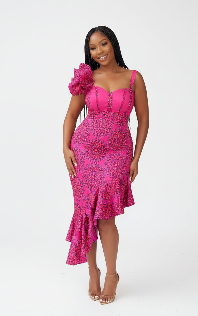 Pink African Print One-Shoulder Ruffle Midi Dress