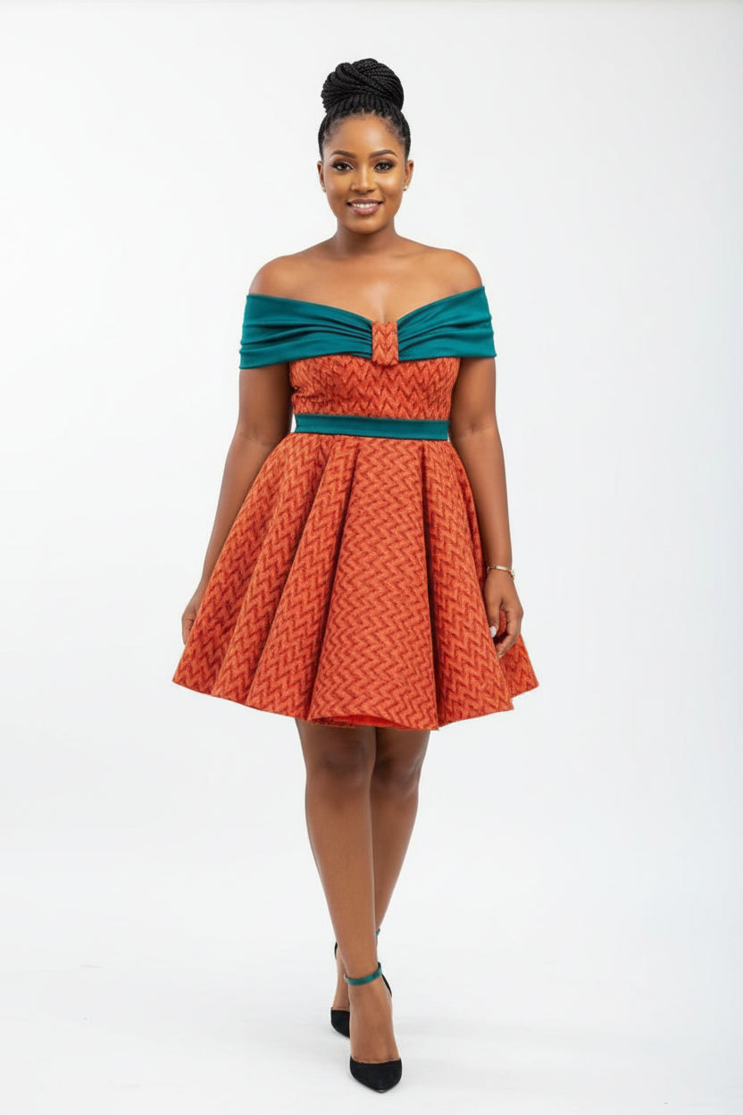 Burnt Orange Chevron Print Off-Shoulder Flared Dress