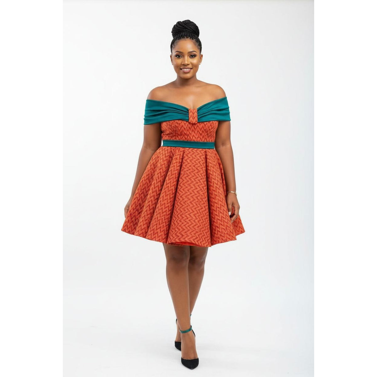 Burnt Orange Chevron Off-Shoulder Traditional Dress
