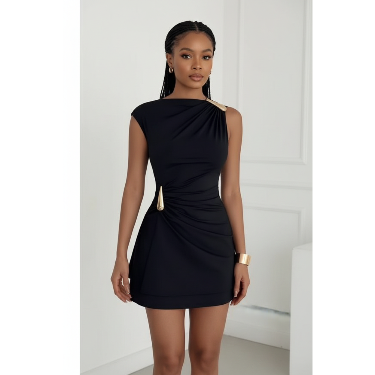 Draped One-Shoulder Gold-Detail Mini Dress