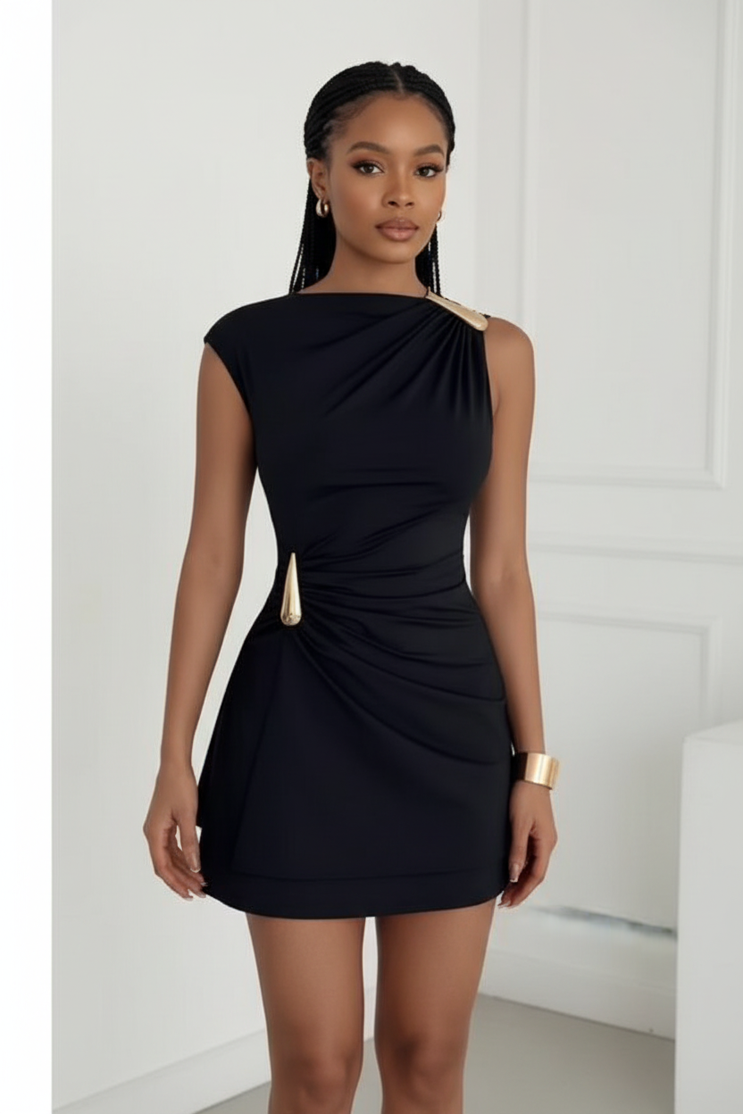 Draped One-Shoulder Gold Detail Mini Cocktail & Evening Party Dress