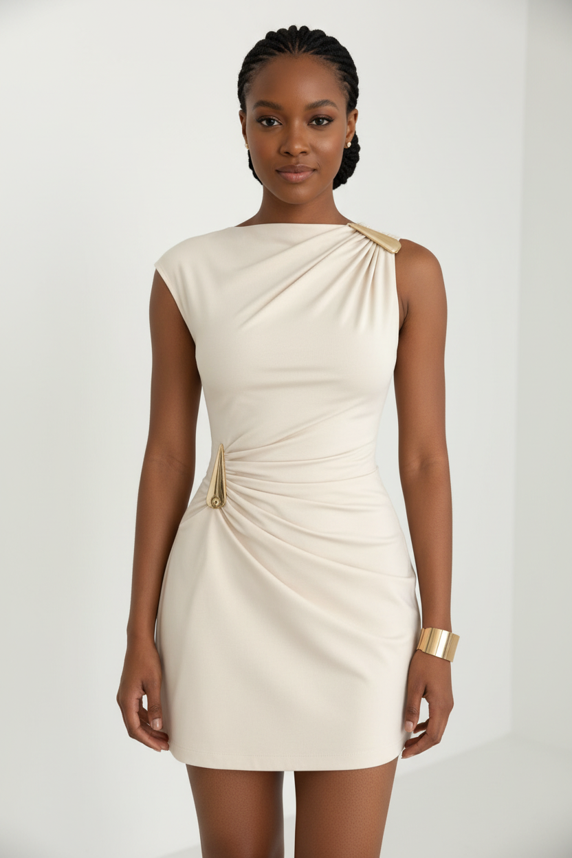 Draped One-Shoulder Gold Detail Mini Cocktail & Evening Party Dress