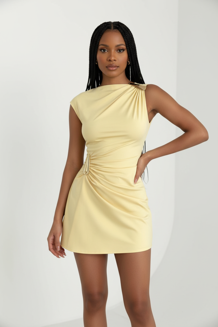 Draped One-Shoulder Gold Detail Mini Cocktail & Evening Party Dress