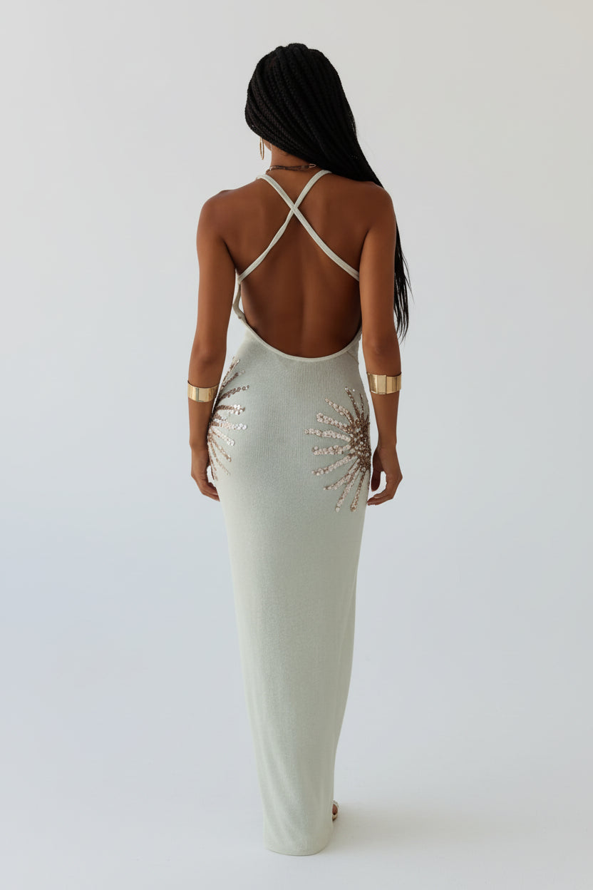 Ivory Embellished Open-Back Maxi Dress