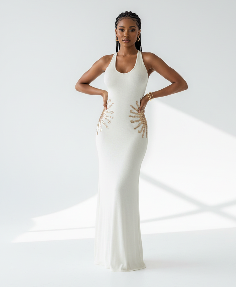 Ivory Embellished Open-Back Maxi Dress