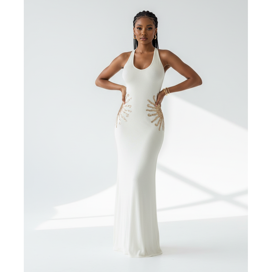 Embellished Open-Back Beaded Maxi Evening Dress