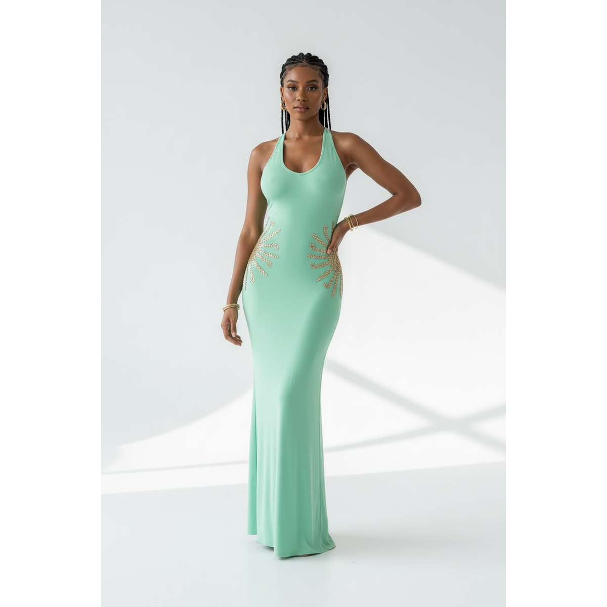 Embellished Open-Back Beaded Maxi Evening Dress