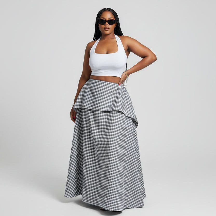 Women's Plaid High-Low Midi Skirt | Layered Tiered Skirt in Beige, Khaki & Black