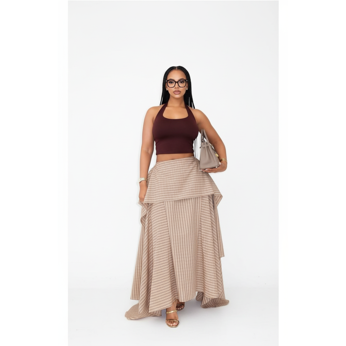 Women's Plaid High-Low Midi Skirt | Layered Tiered Skirt in Beige, Khaki & Black