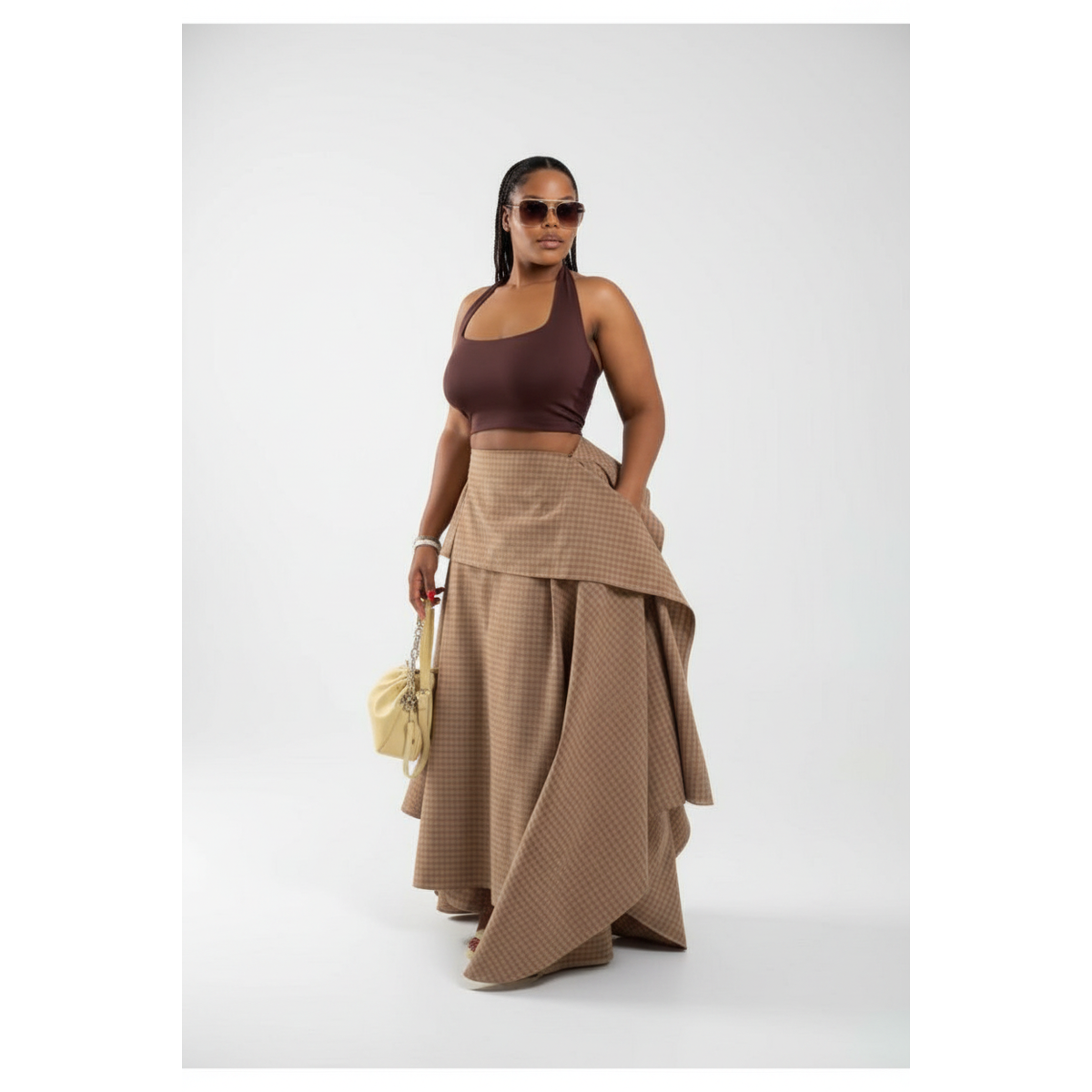 Women's Plaid High-Low Midi Skirt | Layered Tiered Skirt in Beige, Khaki & Black