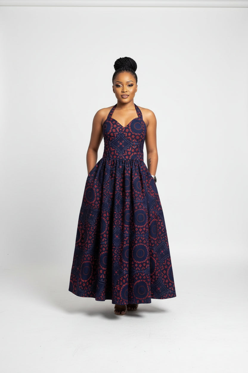Plus Size Shweshwe Maxi Halter Neck African Print Dress