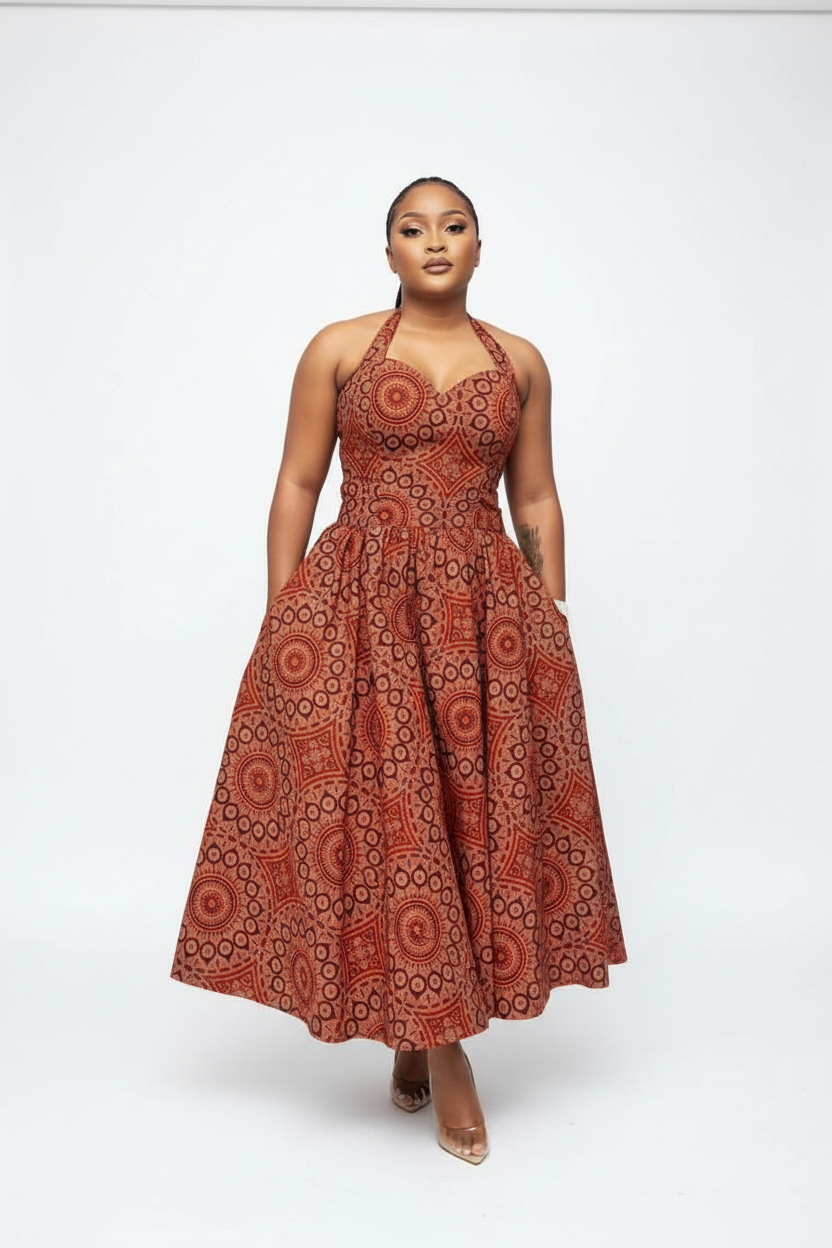 Plus Size Shweshwe Maxi Halter Neck African Print Dress