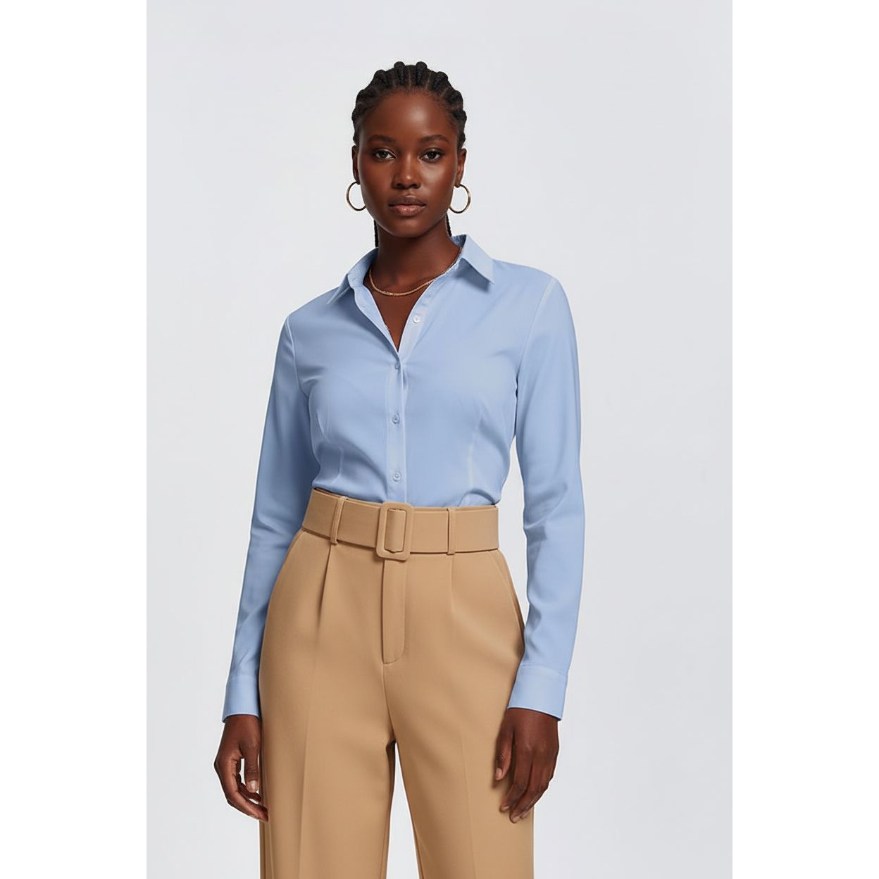 Plus Size V-Neck Button Front Long Sleeve Formal Top