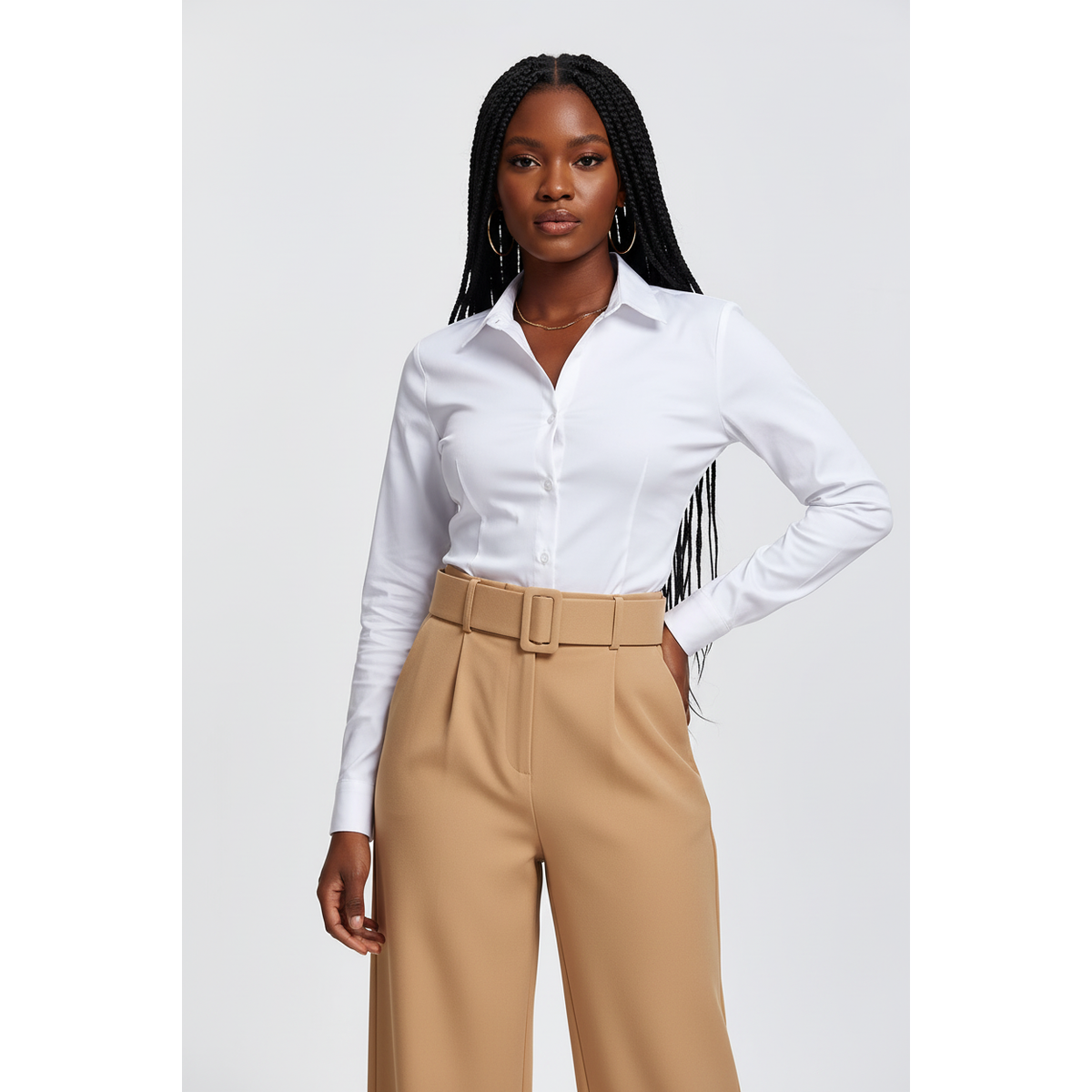 Plus Size V-Neck Button Front Long Sleeve Formal Top