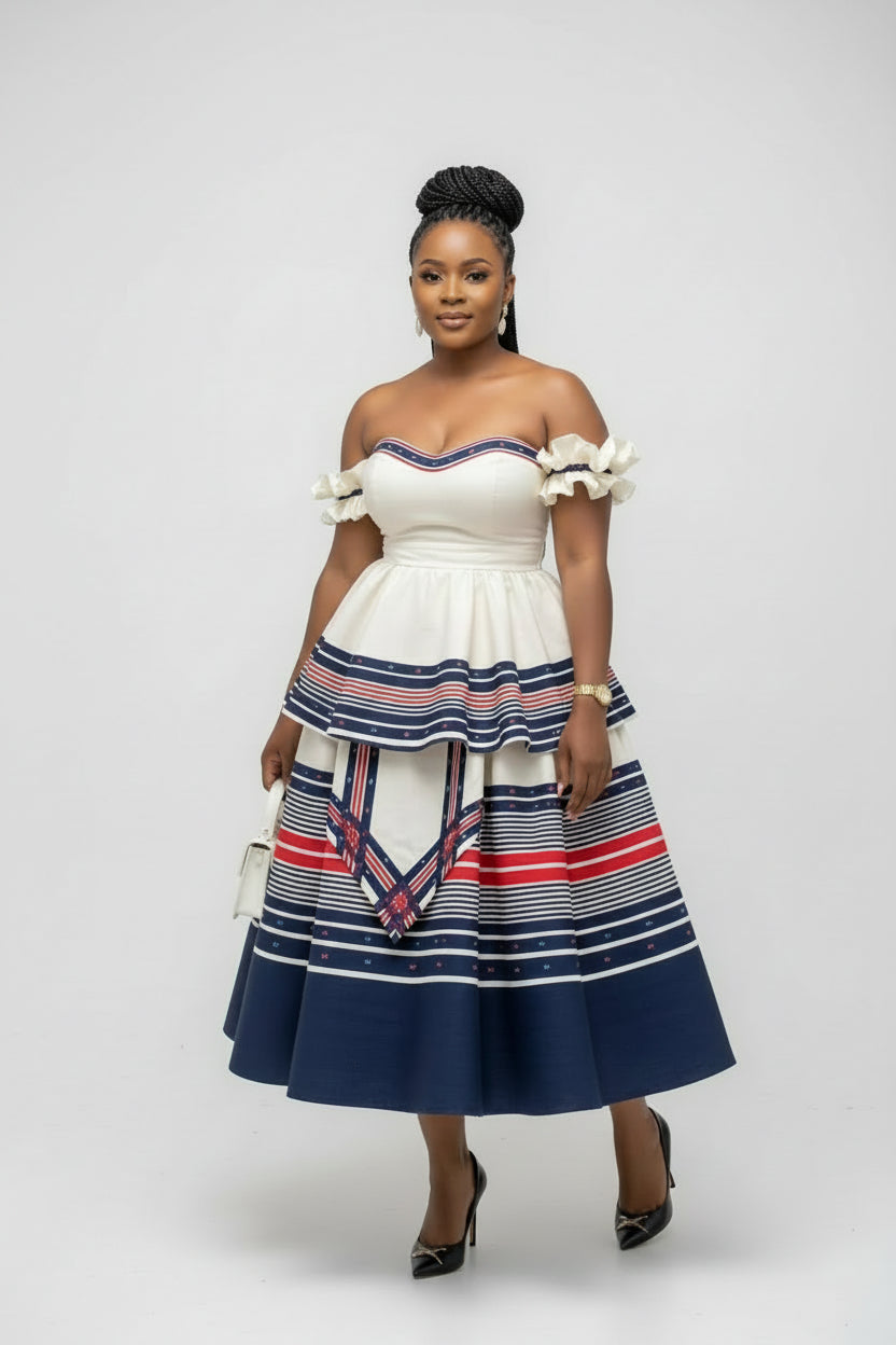 Off-Shoulder Traditional Midi Dress – Elegant African Heritage Dress