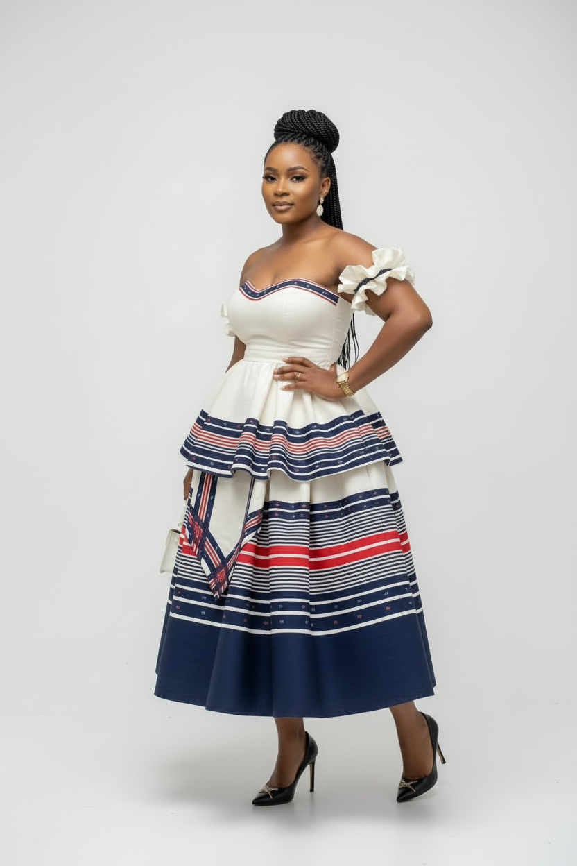 Off-Shoulder Traditional Midi Dress – Elegant African Heritage Dress