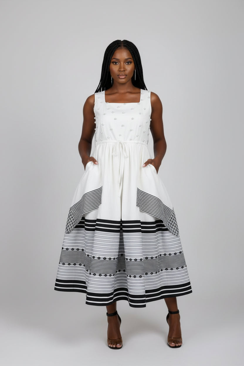 Pearl-Embellished Traditional Layered Midi Beaded Occasion Dress