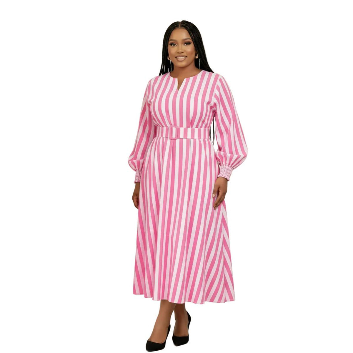 Women’s Belted Striped A-Line Midi Smart Casual Day-to-Night Dress