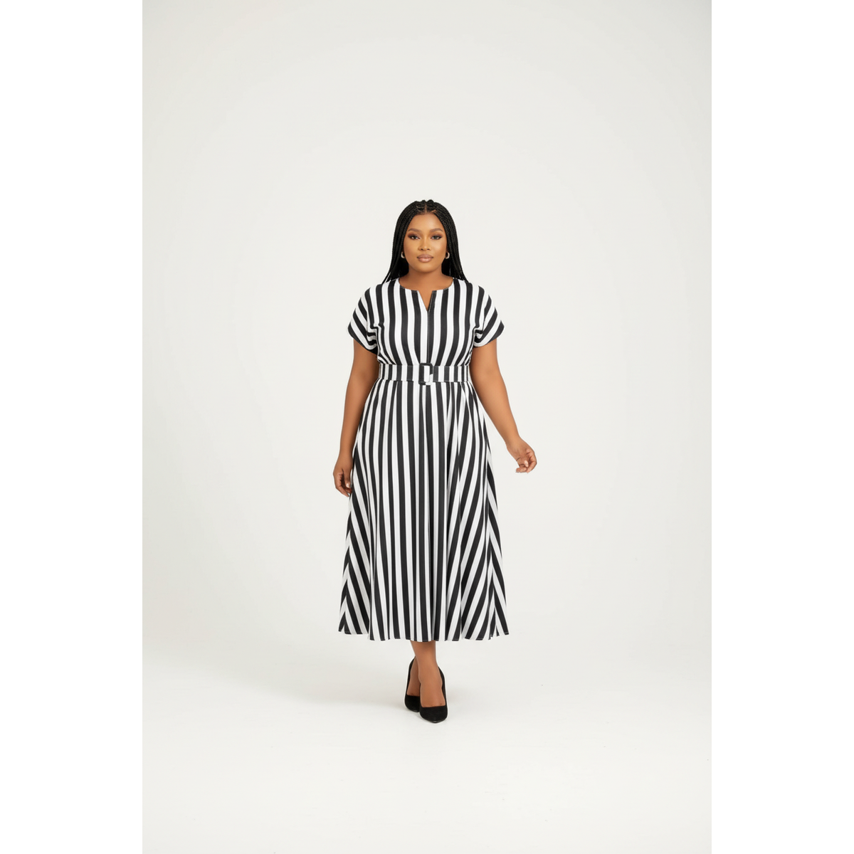 Women’s Belted Striped A-Line Midi Smart Casual Day-to-Night Dress
