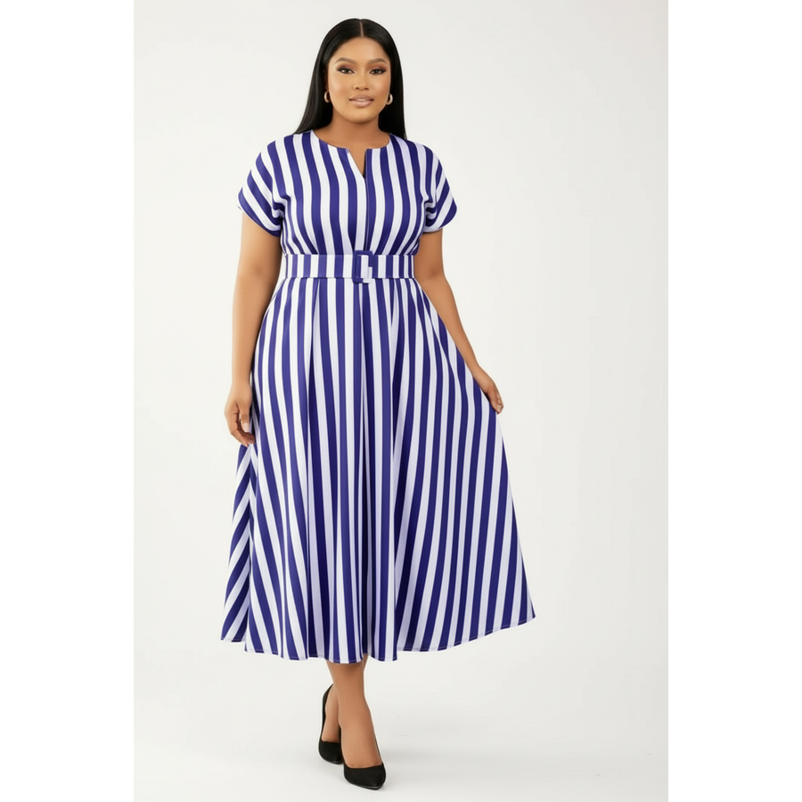 Women’s Belted Striped A-Line Midi Smart Casual Day-to-Night Dress