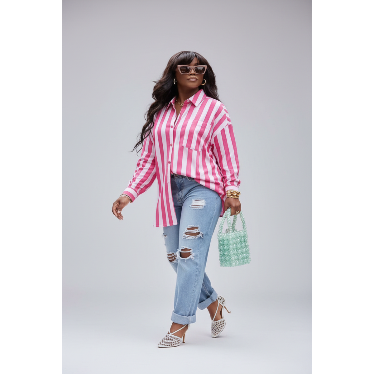 Oversized Striped Button-Down Shirt Relaxed Casual Striped Top