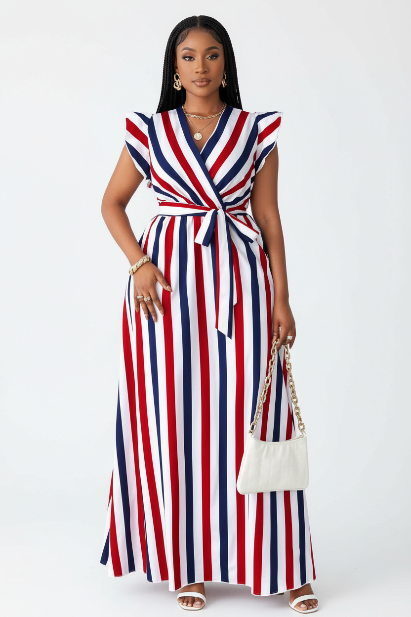 Women’s Striped Tie-Waist Wrap Maxi Elegant Wrap Maxi Dress
