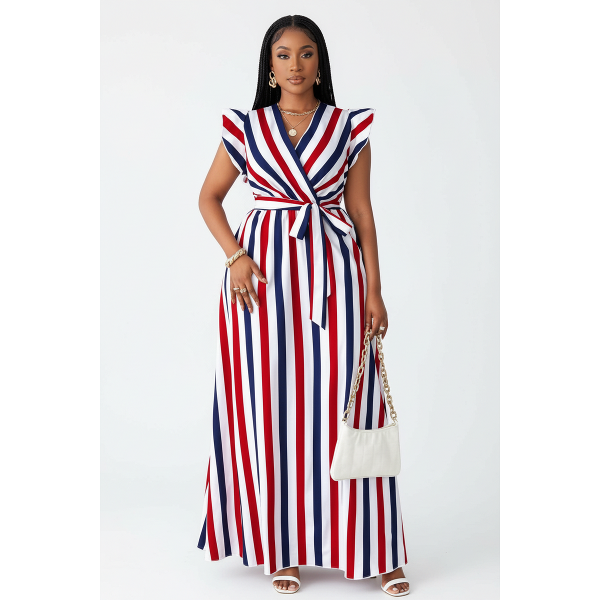 Women’s Striped Tie-Waist Wrap Maxi Elegant Wrap Maxi Dress