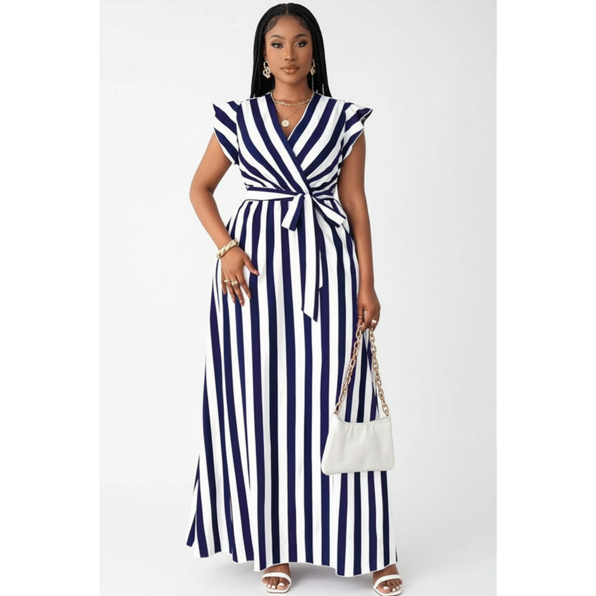 Women’s Striped Tie-Waist Wrap Maxi Elegant Wrap Maxi Dress