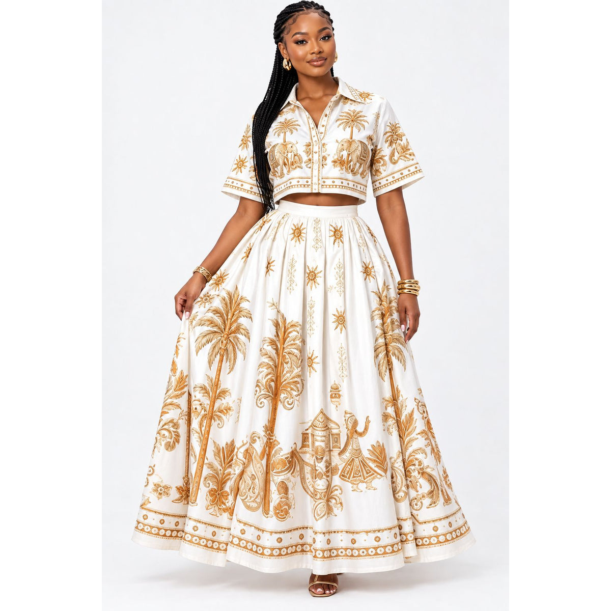 Printed Crop Shirt & Maxi Skirt 2-Piece Set