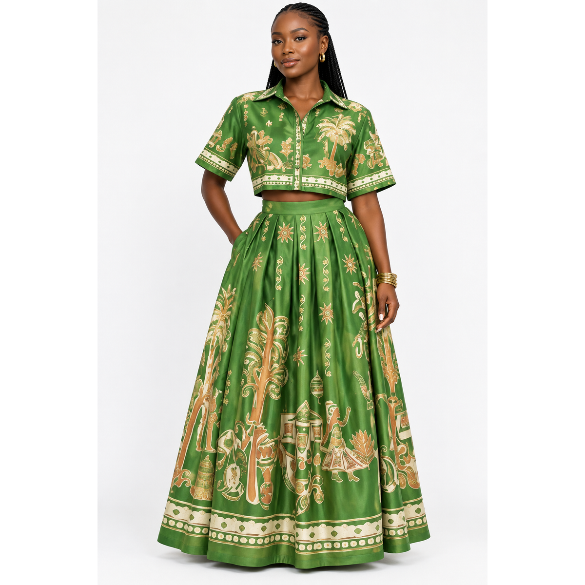 Printed Crop Shirt & Maxi Skirt 2-Piece Set