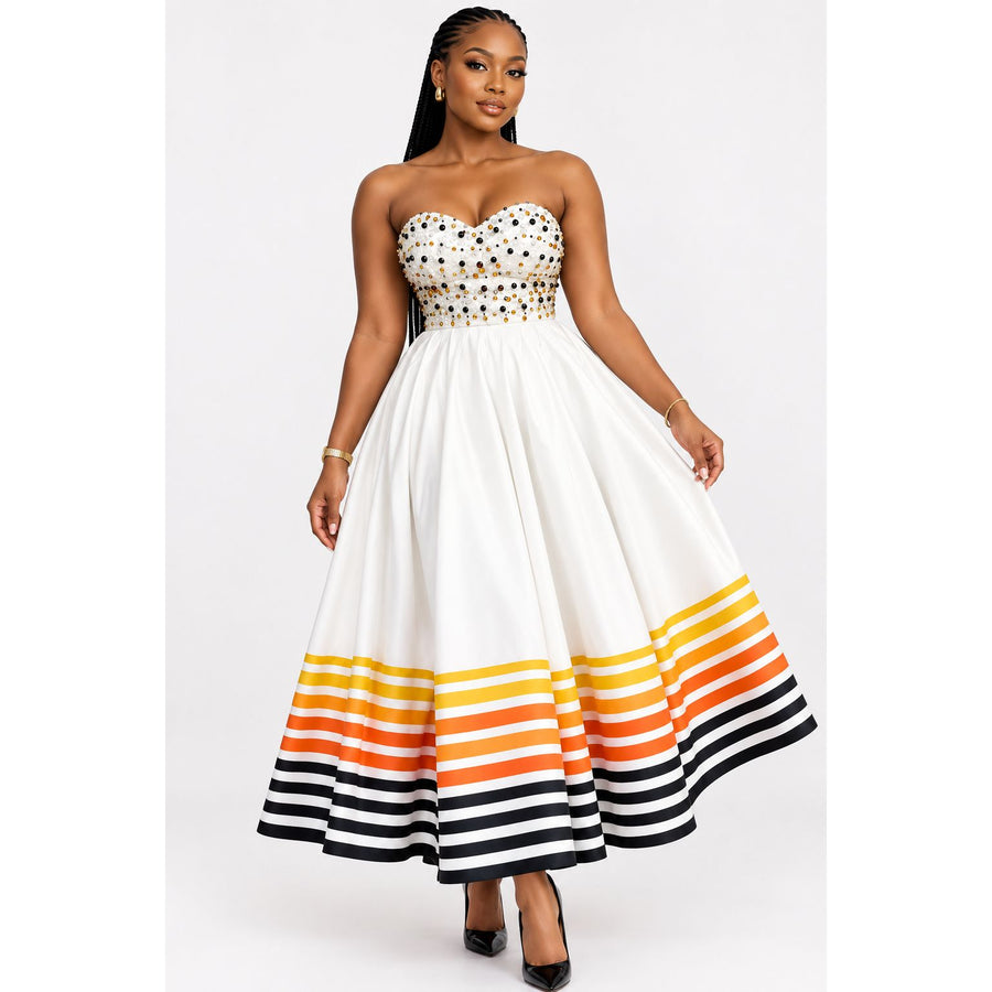 Embellished Bodice Striped Traditional Maxi Dress