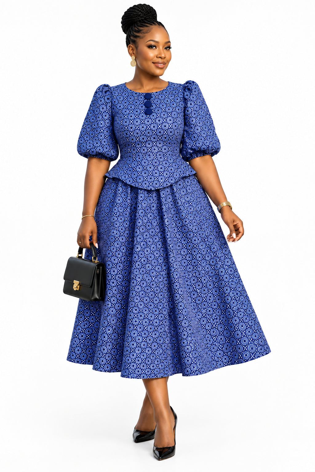 African Print Peplum Puff Sleeve Traditional Midi Dress
