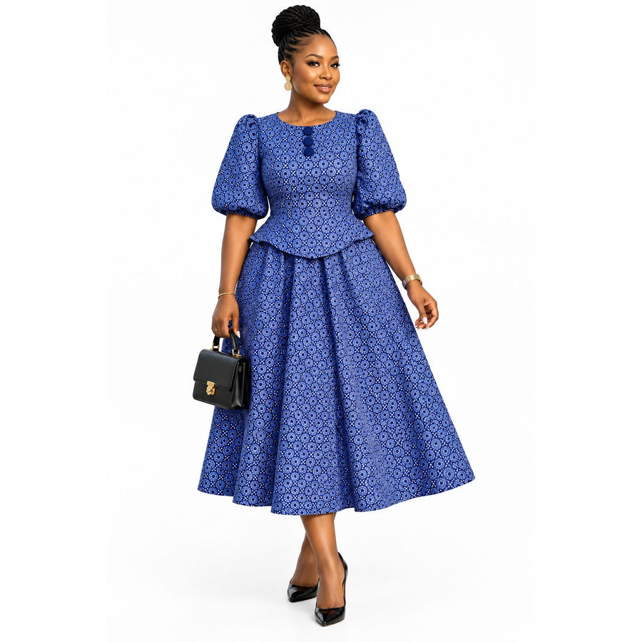 African Print Peplum Puff Sleeve Traditional Midi Dress