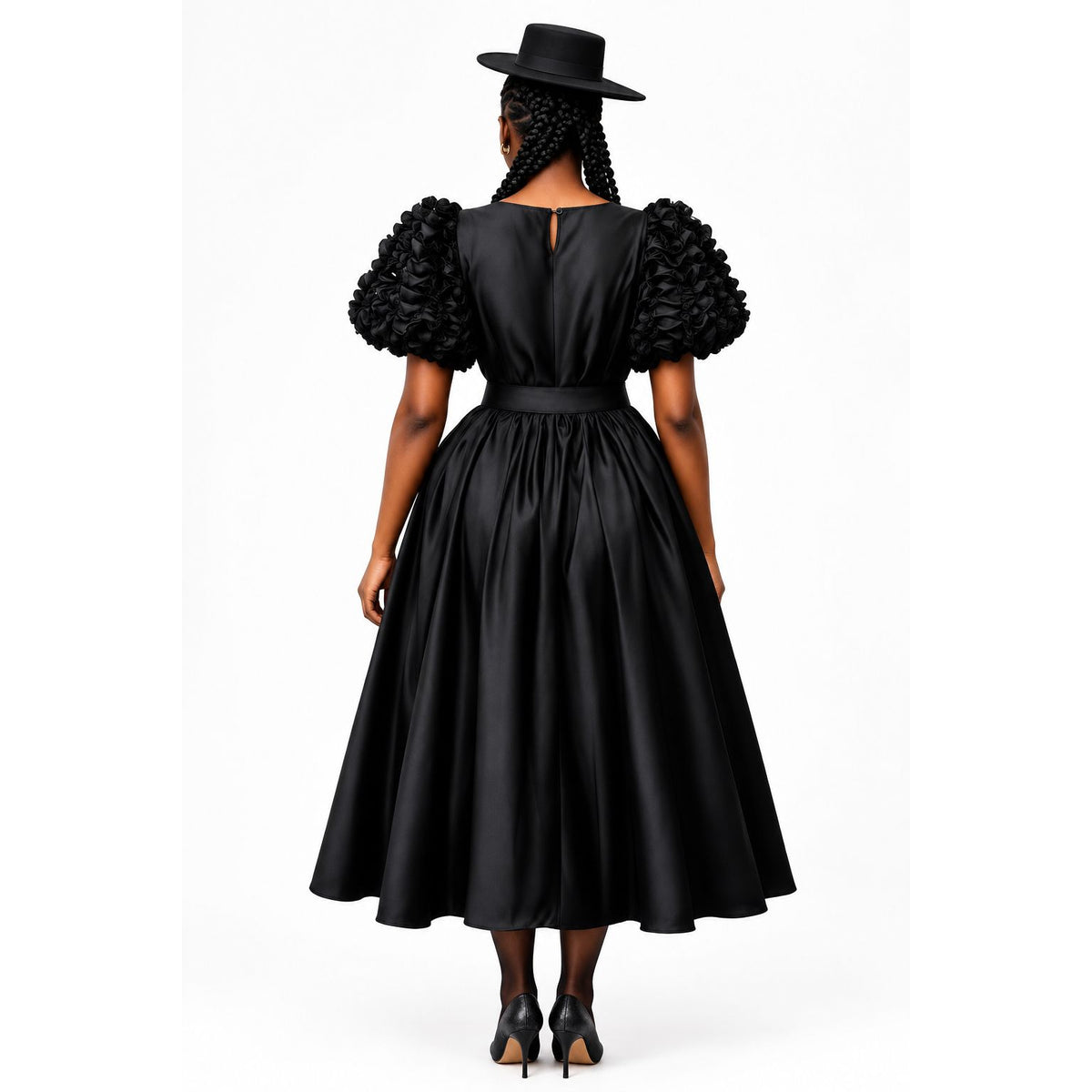 Flare Short-Sleeve Belted Midi Dress – Round Neck Plus Size