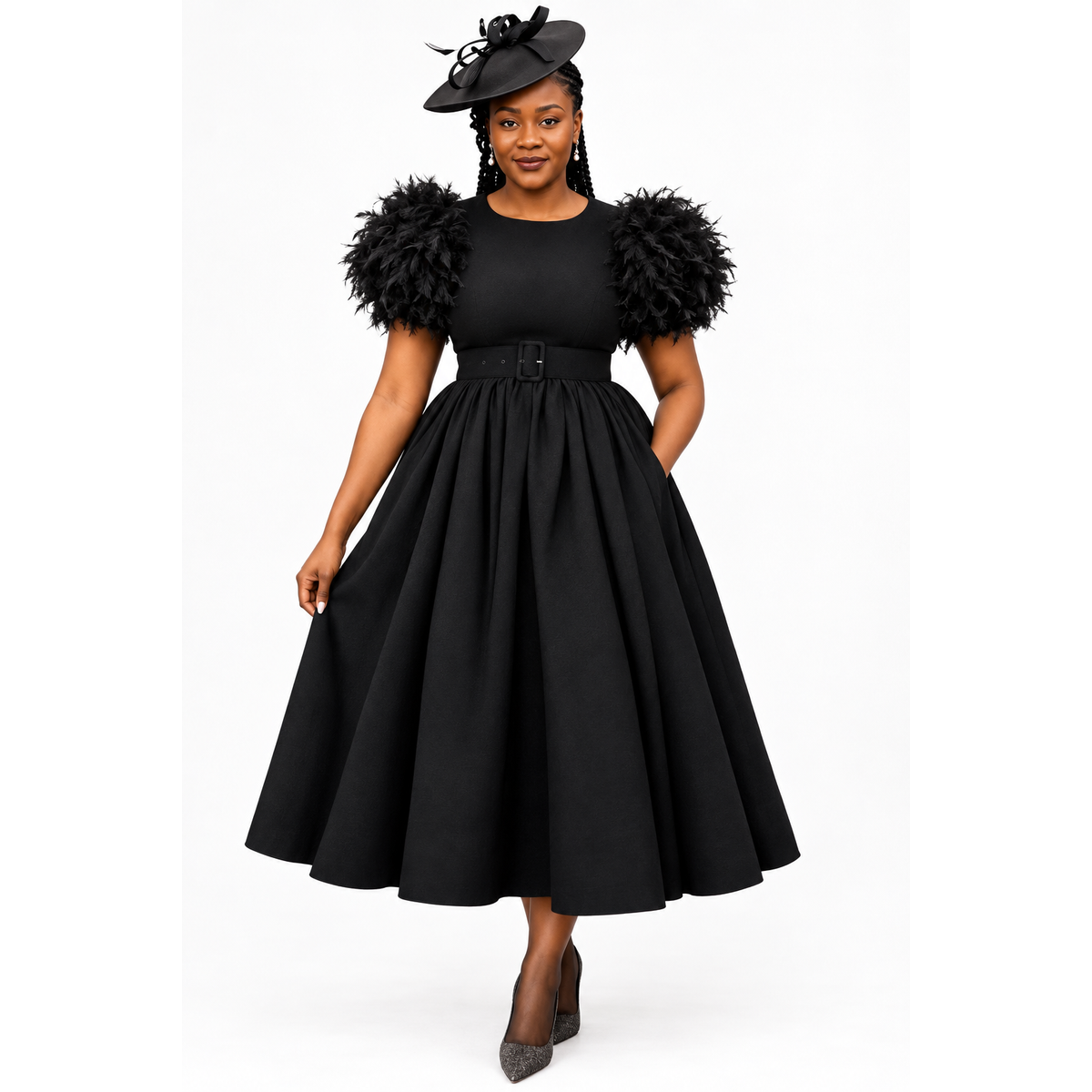 Flare Short-Sleeve Belted Midi Dress – Round Neck Plus Size