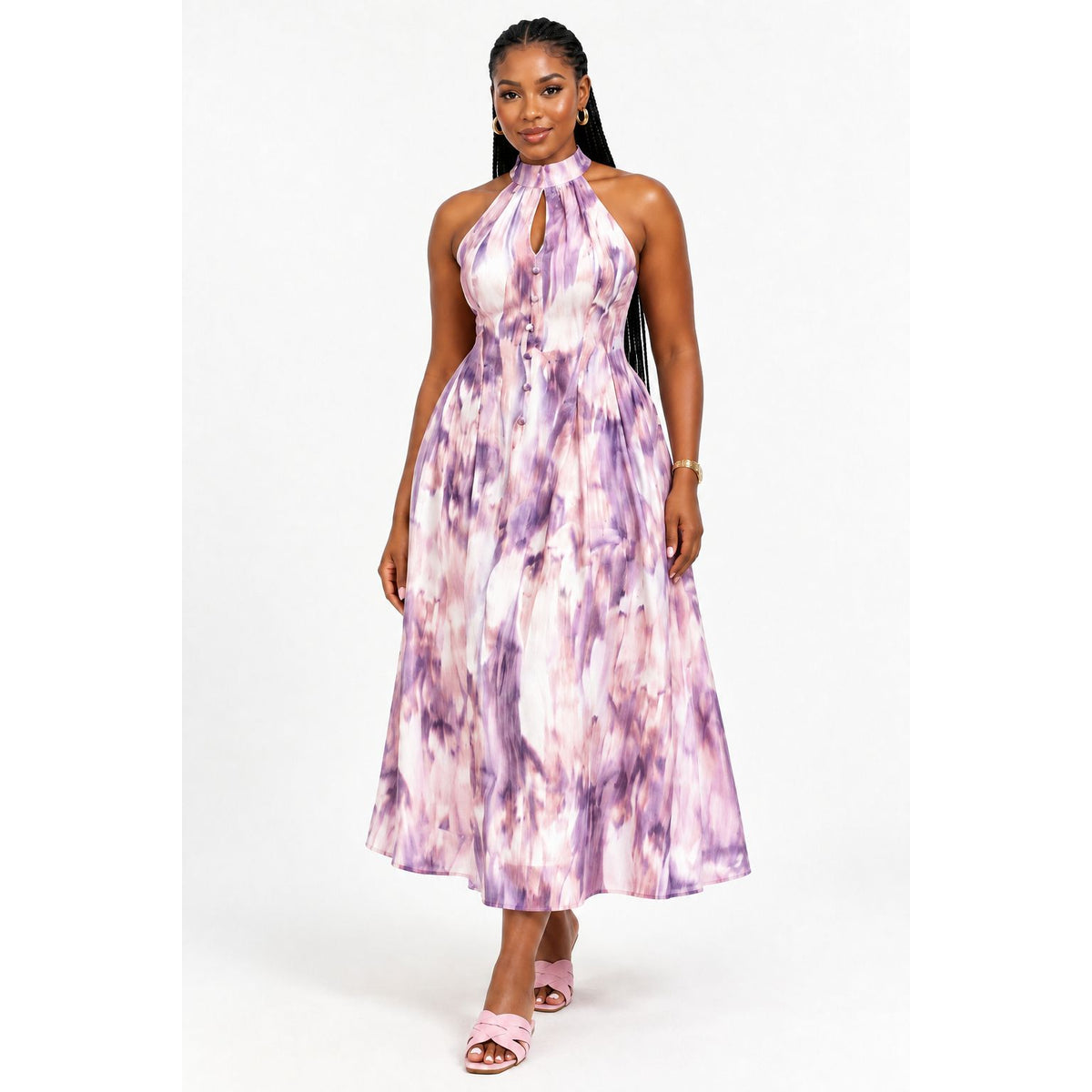 Purple & Pink Abstract Print Halter-Neck Maxi Dress