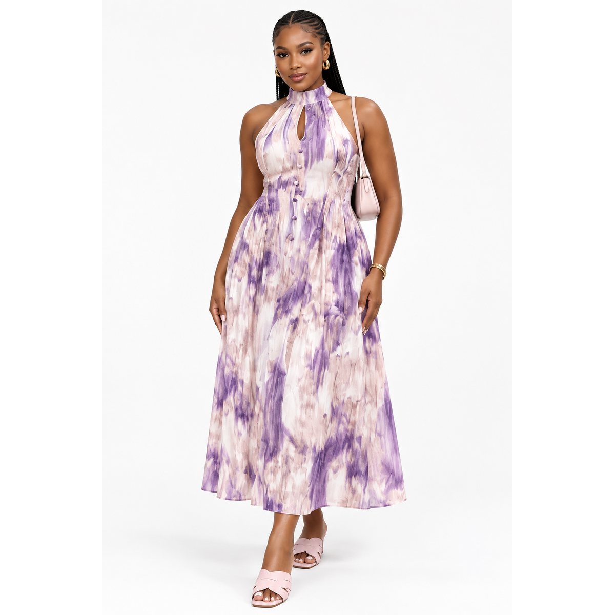 Purple & Pink Abstract Print Halter-Neck Maxi Dress