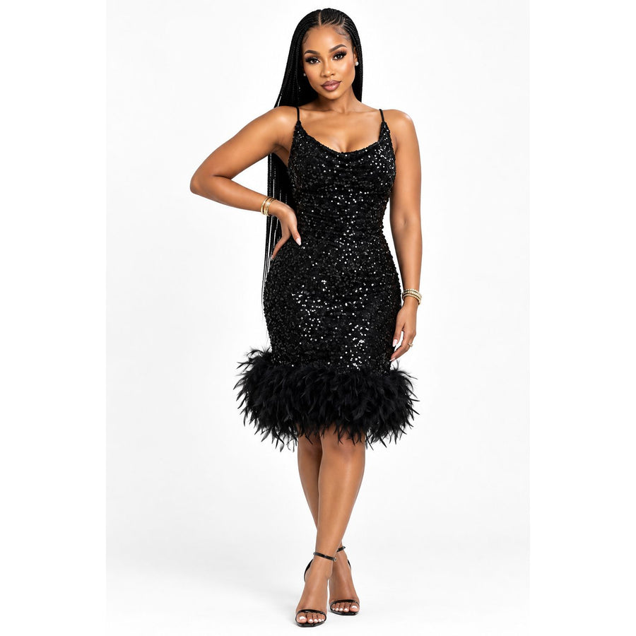 Sequin Feather Hem Spaghetti Strap Evening Party Dress