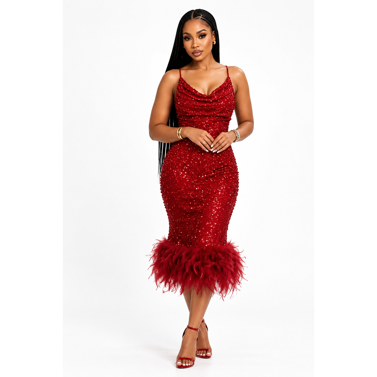 Sequin Feather Hem Spaghetti Strap Evening Party Dress